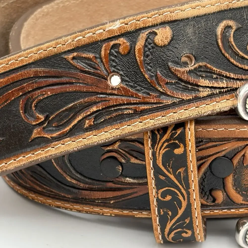 Tony Lama Men’s Black Brown Western Leather Belt C41514 Size 38 Buckle Belt Tip